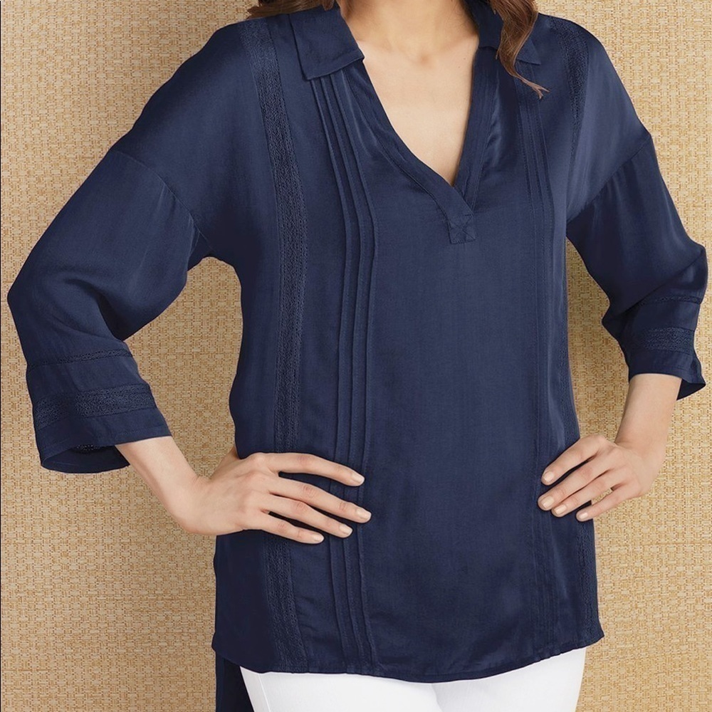 Soft Surroundings | Capistrano Crochet Lace Pintuck Top & Cami - Maritime Blue